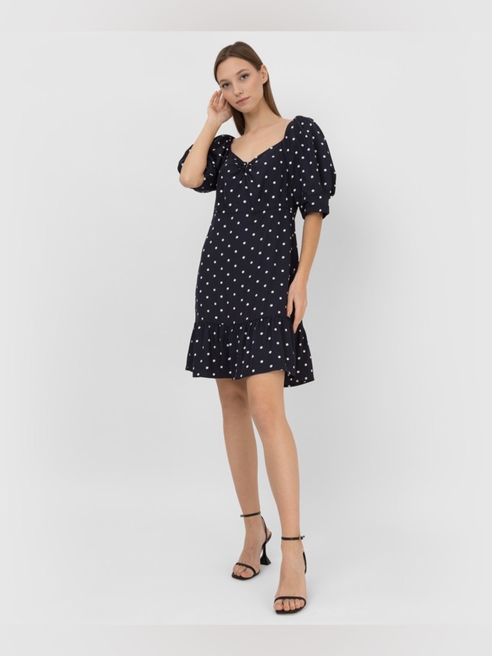 ROHE Margarita Dress White Navy Polka Dot Puff Sleeve Mini Size 36/ US 6 - Picture 3 of 16